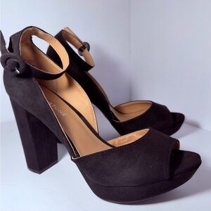 Sun + Stone Black Suede Platform Block Heels with Ankle Strap